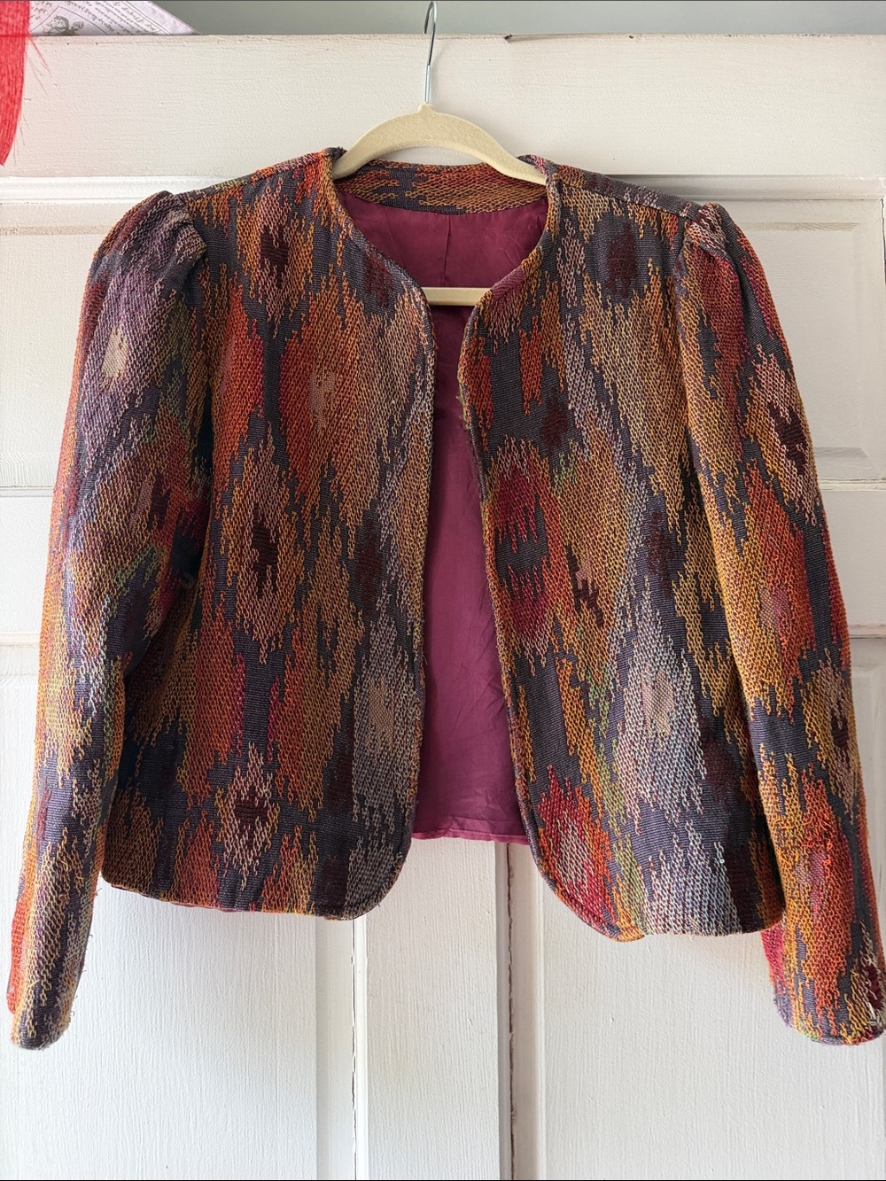 Vintage Textured Multicolor Patterned Cropped Jacket - Rust, Plum, Gold